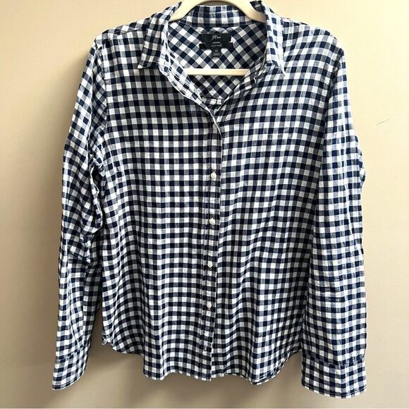 J crew lightweight navy/white checkered button down 10 - Picture 1 of 5